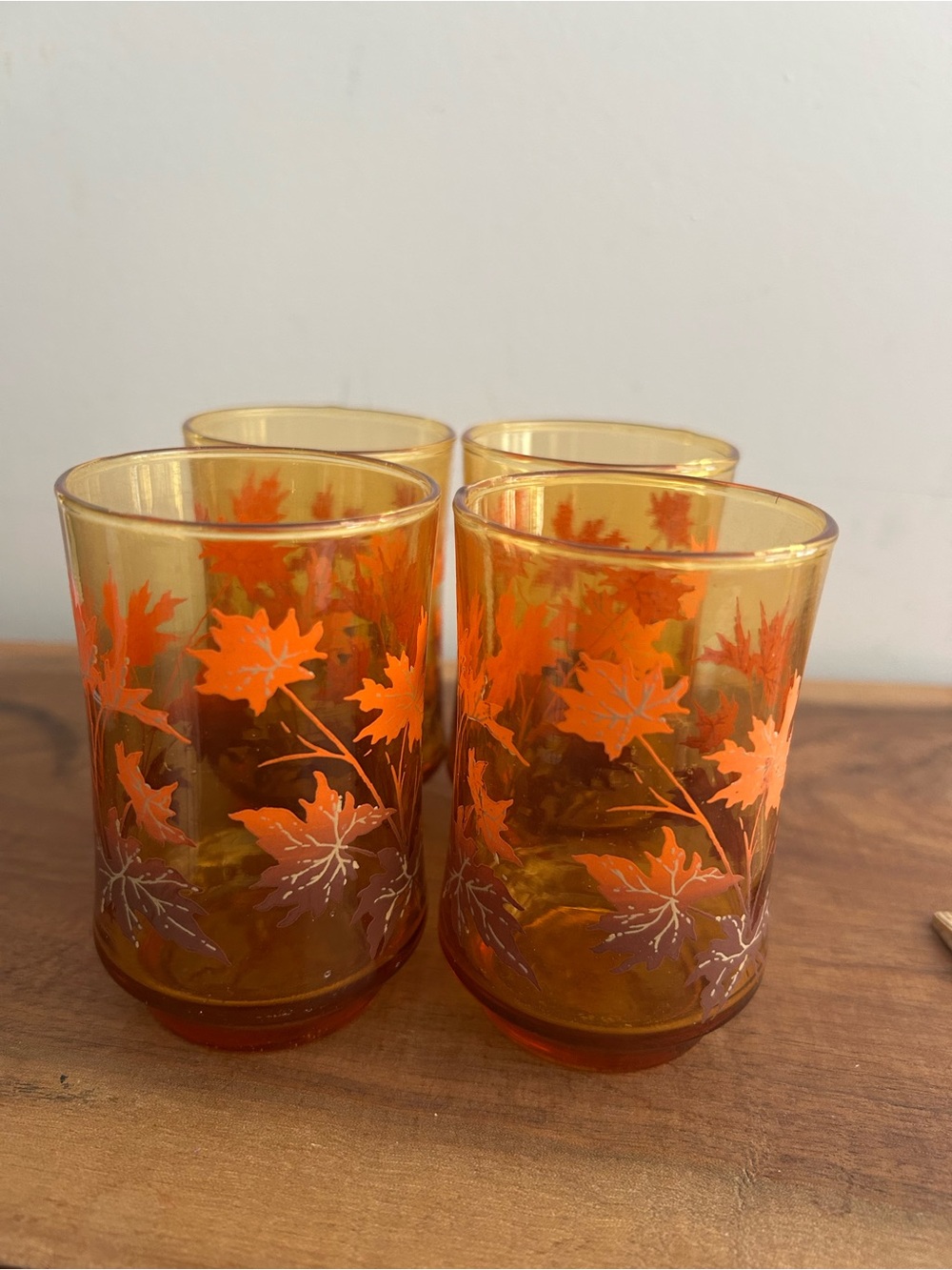 Vintage Libbey Amber Juice Glasses , Set Of 4 Orange Brown Fall Leaf Pattern